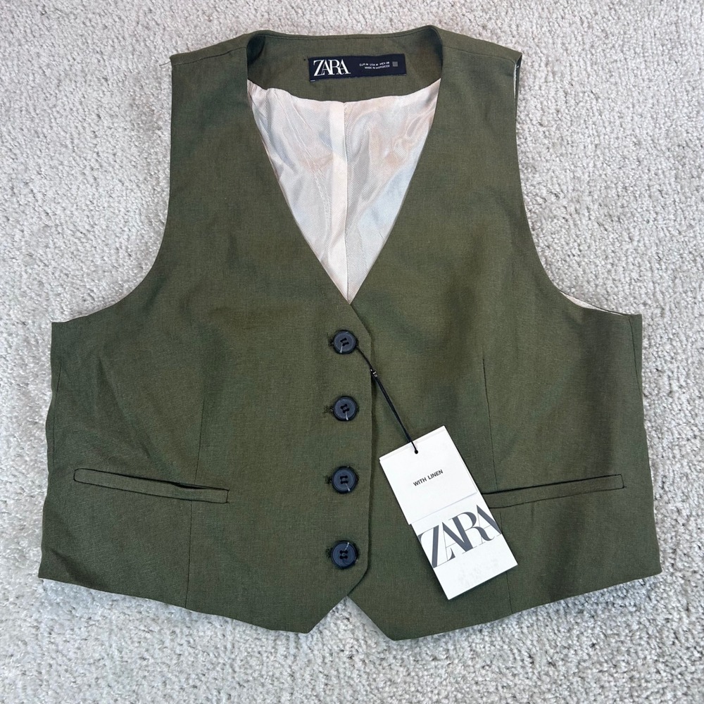 Zara Olive Green Linen Blend Button Front Tailored Waistcoat Vest Size M NWT